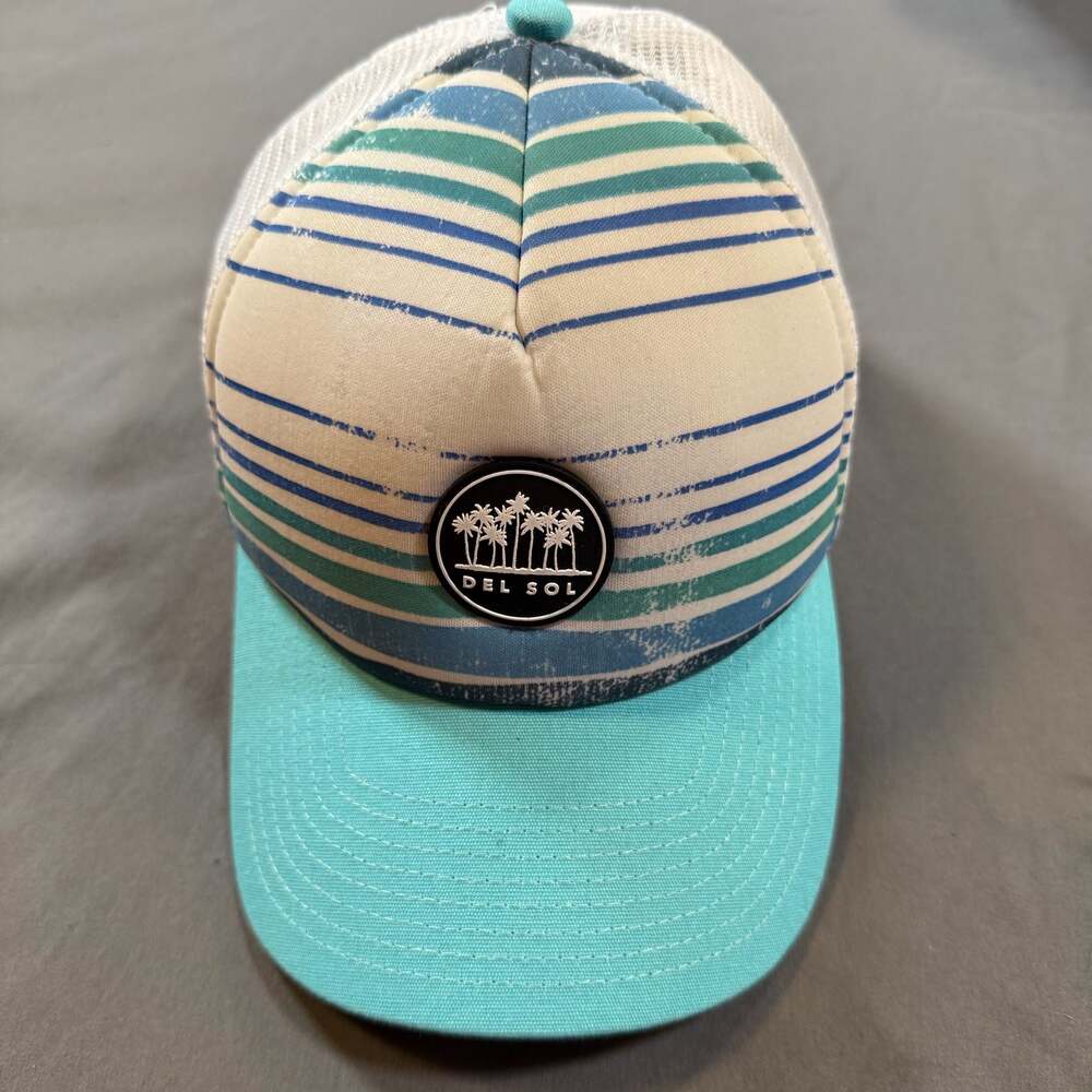 NWOT Del Sol Palm Tree Logo Striped Trucker Hat Cap Teal Cream Clean